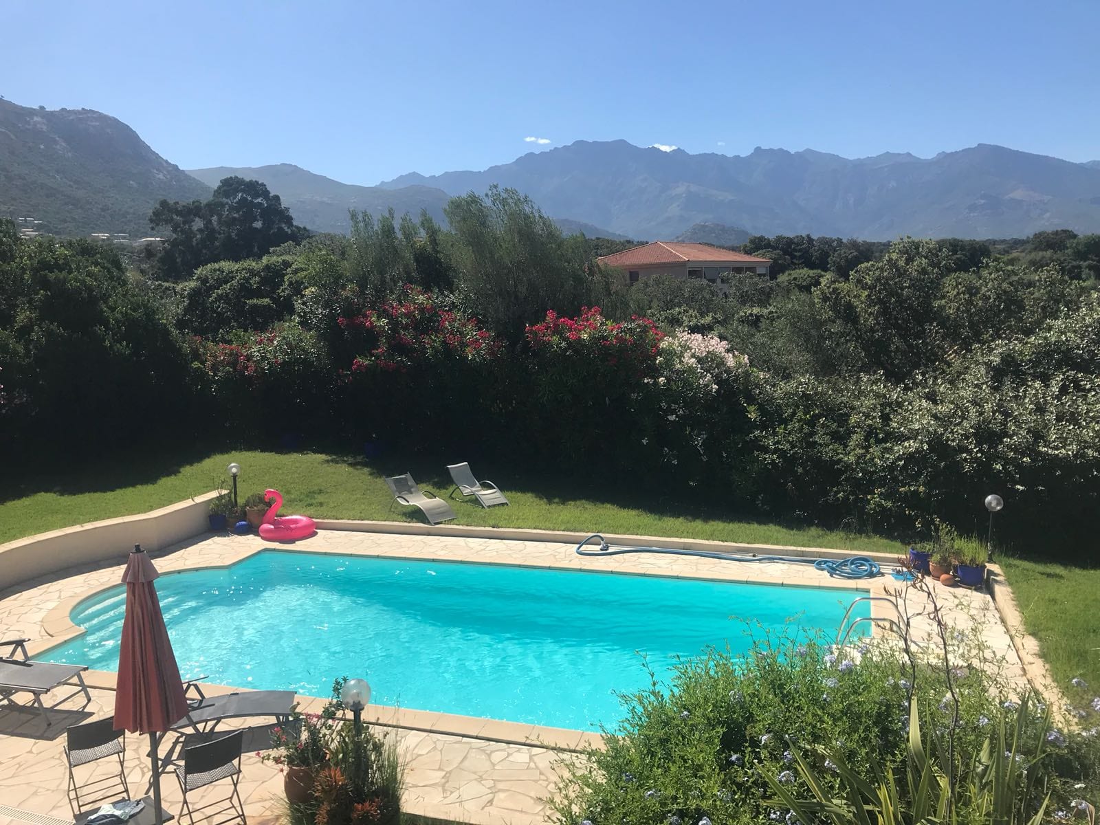 Pool mit Liegen und Bergpanorama